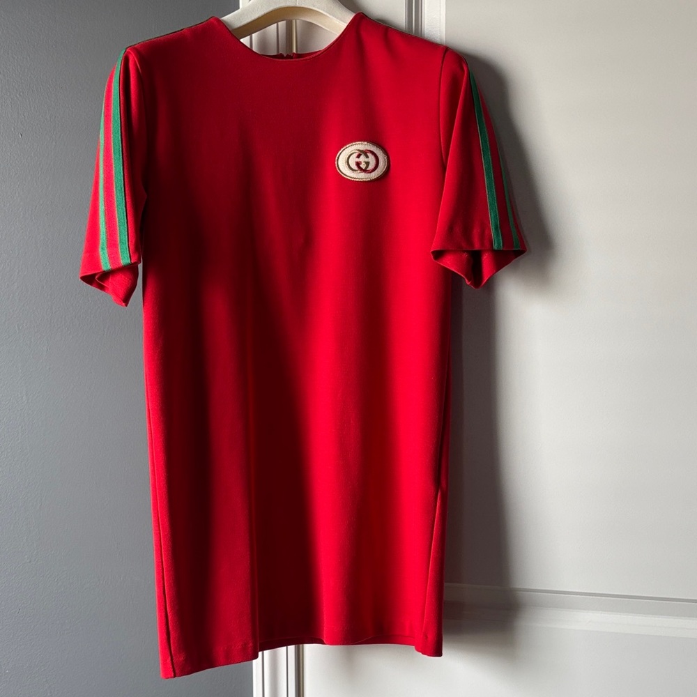 Gucci Red Tee with Green Sleeve Stripes